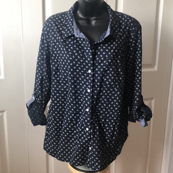 Tommy Hilfiger Anchor Long Sleeve Roll Tab Button Down Blouse Sz L - Picture 2 of 8
